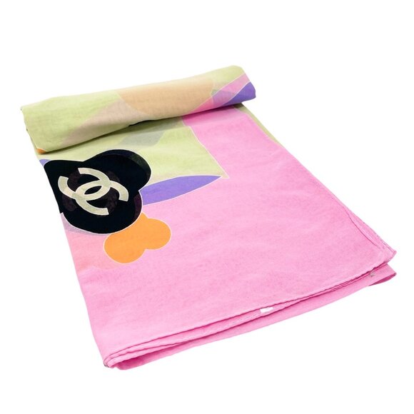 CHANEL Vintage 00S CC Mark Logo Shawl Scarf Wrap Pareo Skirt Pink Green [104228] - Picture 8 of 13